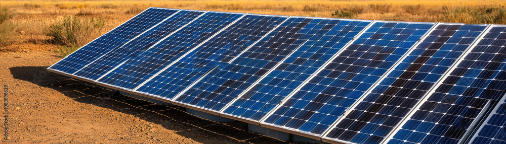 Water Crisis Management Resources Concept. A row of solar panels captures sunlight in a desert landscape, showcasing renewable energy technology in a natural setting.