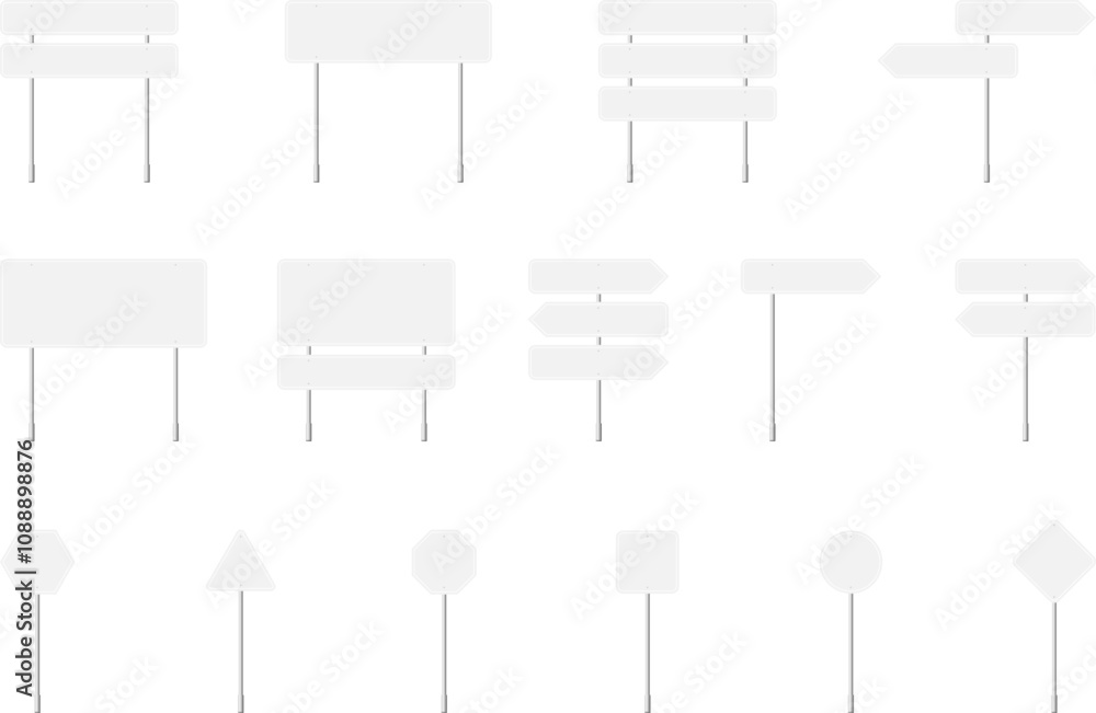 Road traffic signs set. Direction arrow, information board. Attention traffic signs mockup. Blank board with place for text. Isolated Vector illustration. Road traffic signs set. Direction arrow, information board. Attention traffic signs mockup. Blank board with place for text. Isolated Vector illustration.