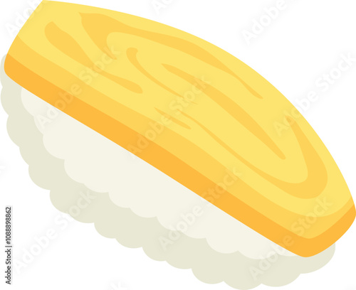 Tamago Nigiri Cartoon. Tamago Sushi.  Japanese Food Tamago Sushi. Tamago Nigiri delicious sushi icon. Simple and delicious tamago sushi.
