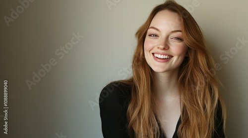 Portrait of a cheerful young woman, Caucasian, smiling against a neutral background, providing ample space for text or design.