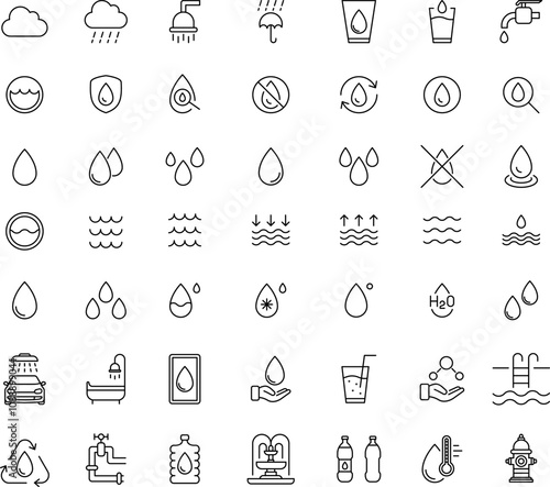 Water drops icon set. Editable vector water line icons. A drop of water. Washing, shower. Vector illustration.