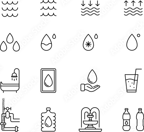 Water drops icon set. Editable vector water line icons. A drop of water. Washing, shower. Vector illustration.