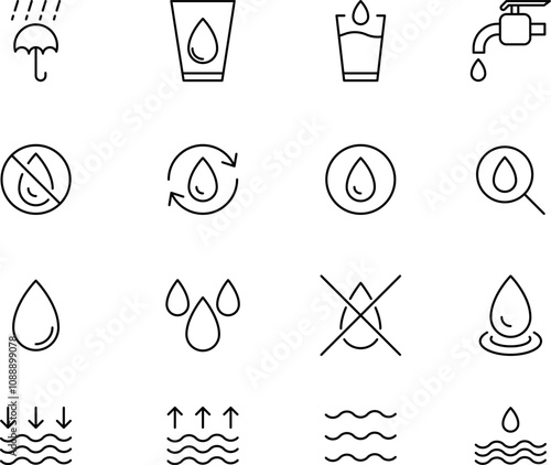 Water drops icon set. Editable vector water line icons. A drop of water. Washing, shower. Vector illustration.