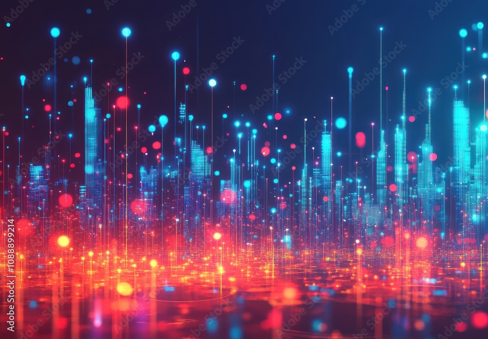 Vibrant Abstract Cityscape with Colorful Light Trails and Sparkling Effects Depicting a Futuristic Digital Horizon at Night Vibrant Abstract Cityscape with Colorful Light Trails and Sparkling Effects Depicting a Futuristic Digital Horizon at Night
