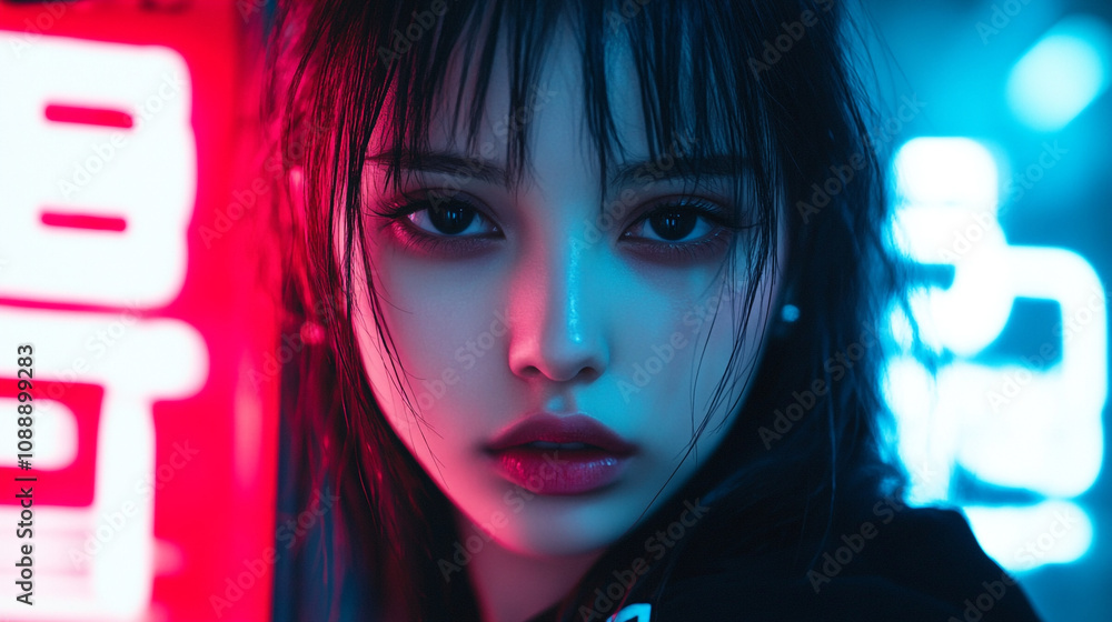 Illustration of a woman with striking features in a vibrant neon-lit environment at night