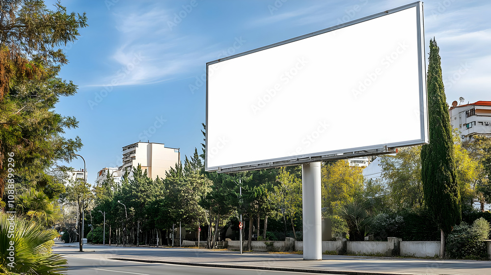 Naklejka premium Blank Billboard Ad Space on a City Street with Trees and Buildings in the Background