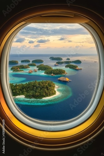 Tropical Paradise From Above Serene aerial view of sunlit islands within sparkling ocean at sunset