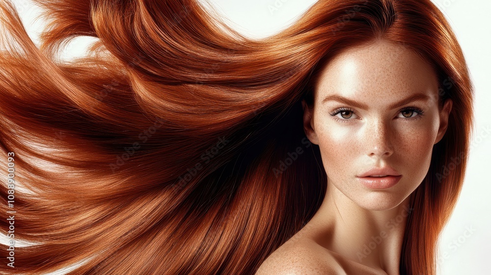 Naklejka premium Beautiful model girl with Brown hair strand,silky healthy chestnut wavy hair strand,hair wavy ribbon, with smooth,Keratin straightening,Treatment,straight long hair,procedures,Smooth hairstyle.