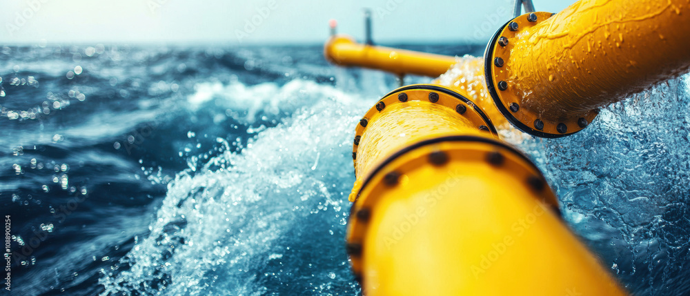 Water Crisis Management Resources Concept. A vibrant yellow pipe extends over the ocean waves, showcasing a mix of industrial design and natural beauty in a marine environment. Water Crisis Management Resources Concept. A vibrant yellow pipe extends over the ocean waves, showcasing a mix of industrial design and natural beauty in a marine environment.