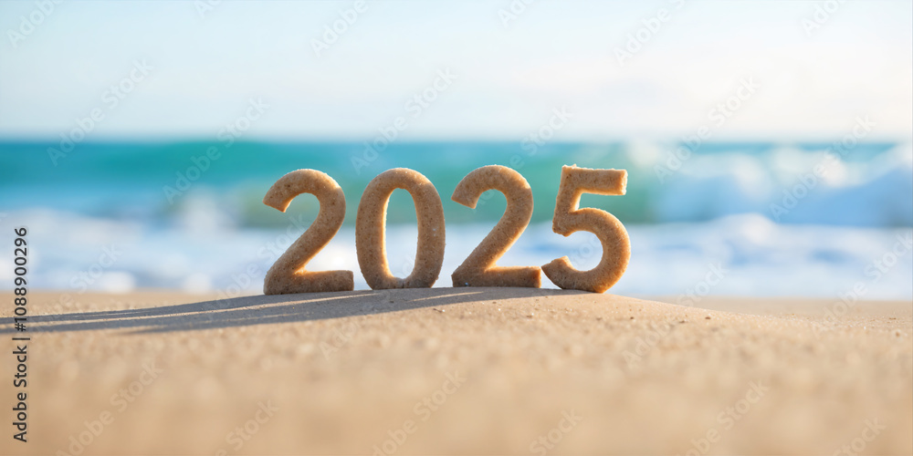 Happy new year 2025 written on the sand beach at sunset. Creative New year holiday background. Happy new year 2025 written on the sand beach at sunset. Creative New year holiday background.