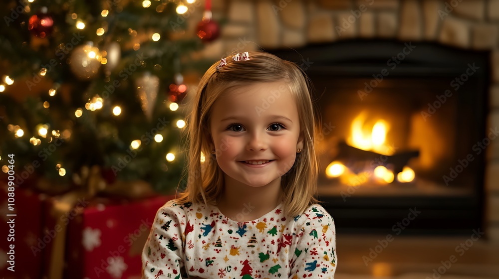 Child smiling in front of a cozy fireplace with a Christmas tree Child smiling in front of a cozy fireplace with a Christmas tree