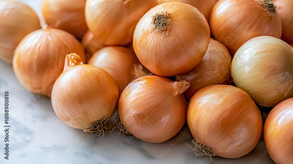 Fresh Yellow Onions Piled Together on a Marble Surface, Showing Natural Color Variations and Textures for Culinary and Food Photography Fresh Yellow Onions Piled Together on a Marble Surface, Showing Natural Color Variations and Textures for Culinary and Food Photography