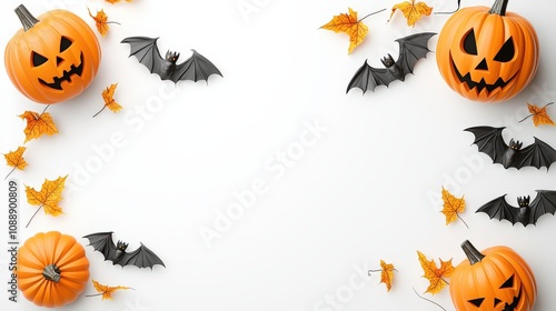 A playful Halloween frame featuring carved pumpkin corners and flying bat decorations, on a plain white background.