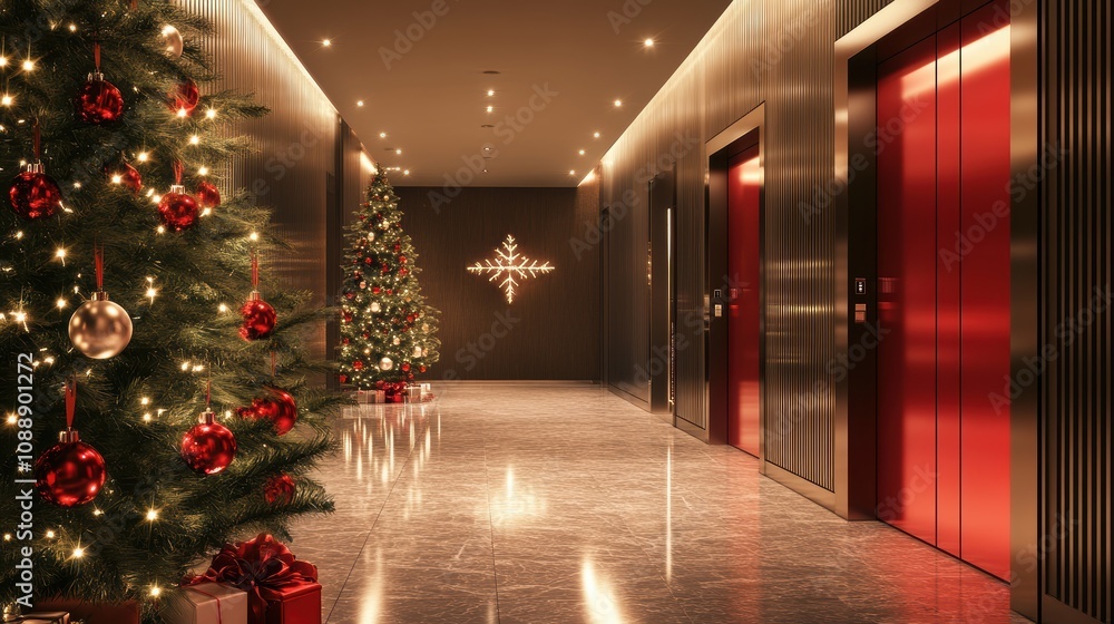 Modern Elevator doors of office or hotel hallway,holiday season decor with christmas tree,Lobby interior, corridor in house with lift,Black elegant lift for passenger or cargo elevators,copy space. Modern Elevator doors of office or hotel hallway,holiday season decor with christmas tree,Lobby interior, corridor in house with lift,Black elegant lift for passenger or cargo elevators,copy space.