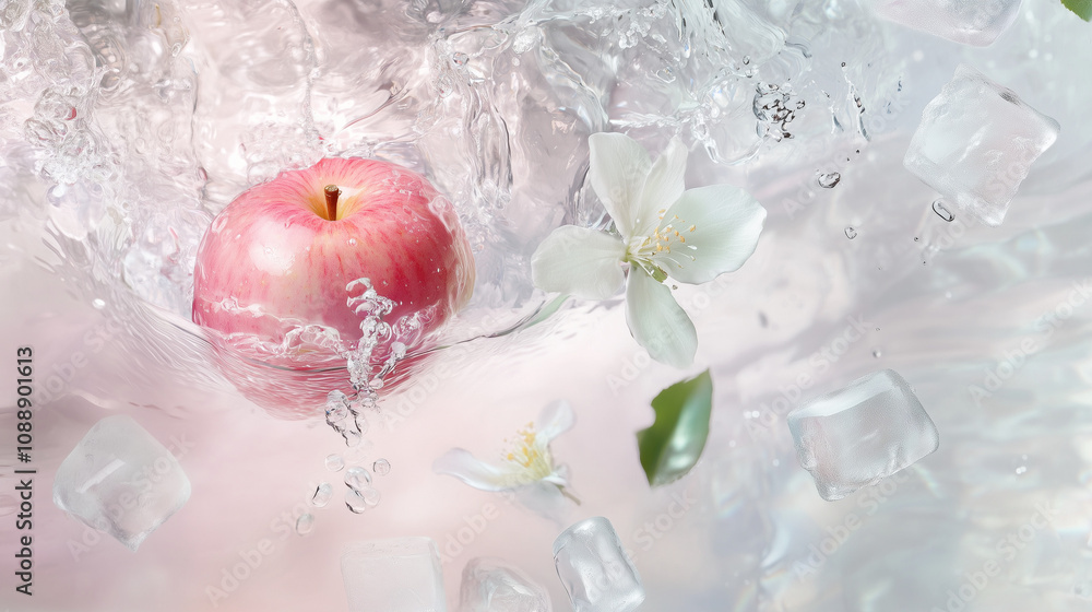 Pink And Red Apple Floating In Clear Water With White Blossoms And Ice Cubes Pink And Red Apple Floating In Clear Water With White Blossoms And Ice Cubes