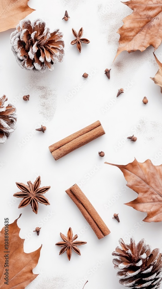 Cozy winter flat lay with cinnamon sticks and star anise for seasonal crafts or decoration Cozy winter flat lay with cinnamon sticks and star anise for seasonal crafts or decoration