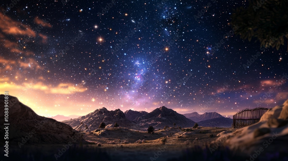 Obraz premium Breathtaking Night Sky Over Mountain Range with Sparkling Stars and Cosmic Colors, Capturing the Beauty of Nature in a Serene Landscape