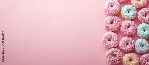 Colorful donuts arranged on a pink background, perfect for dessert lovers.