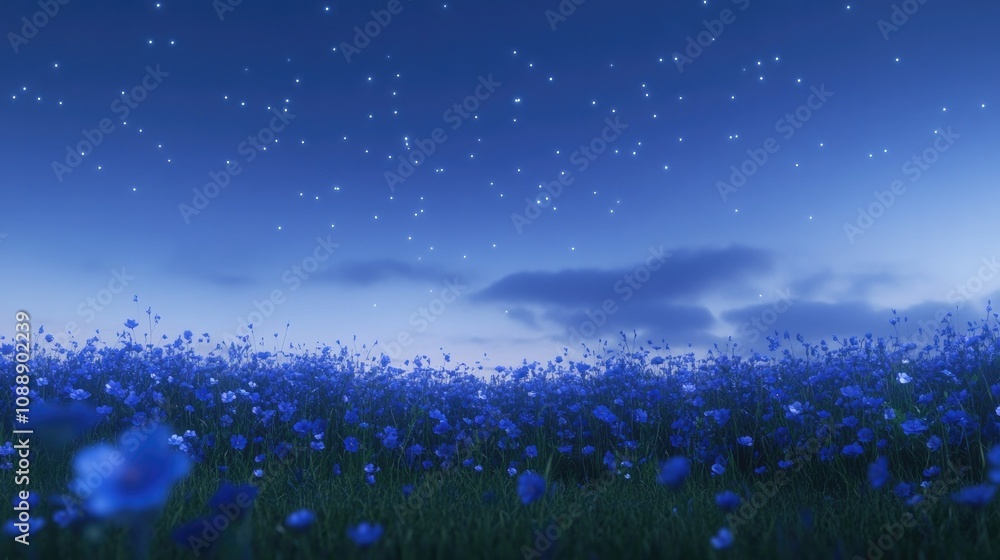 Vast meadow of blue flowers beneath a twilight sky filled with twinkling stars, evoking a serene and ethereal atmosphere, ideal as a dreamy wallpaper Vast meadow of blue flowers beneath a twilight sky filled with twinkling stars, evoking a serene and ethereal atmosphere, ideal as a dreamy wallpaper