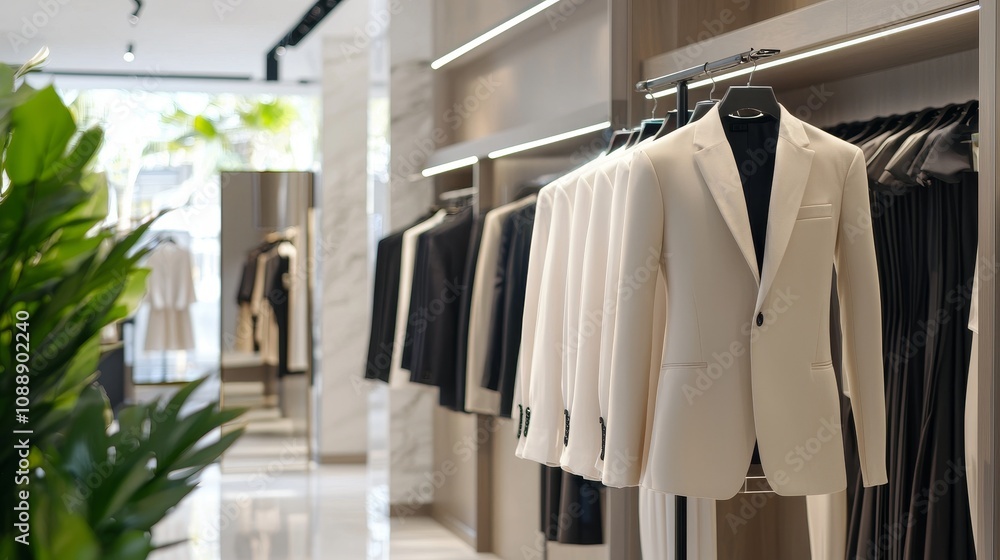 Elegant display of tailored suits in modern retail environment showcasing contemporary fashion trends and refined shopping experience in boutique store Elegant display of tailored suits in modern retail environment showcasing contemporary fashion trends and refined shopping experience in boutique store