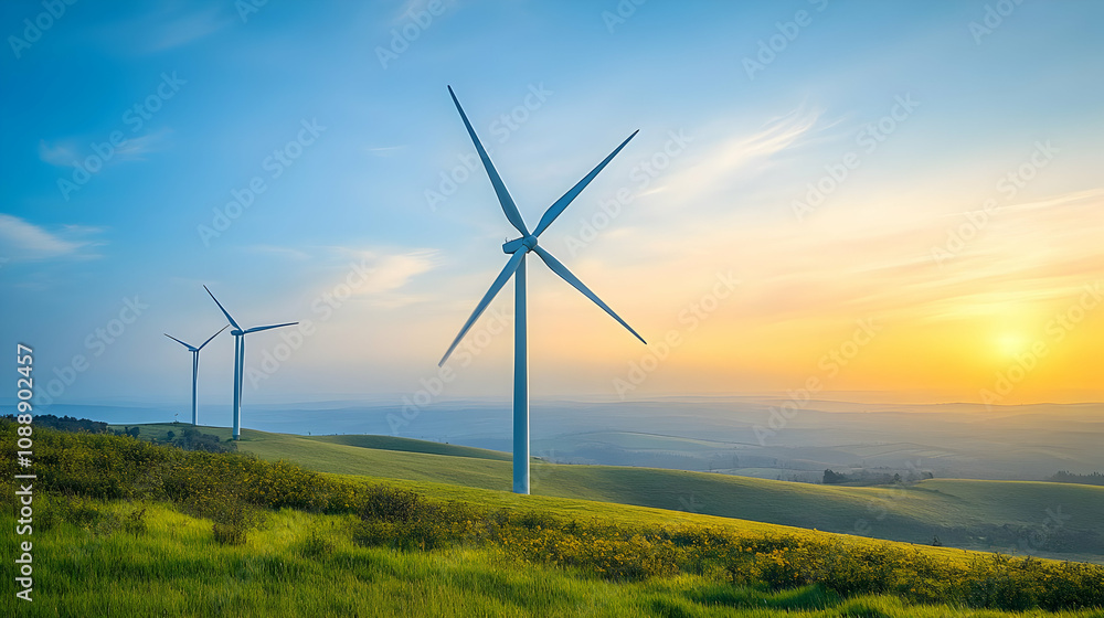 Obraz premium Two Wind Turbines Standing Tall on a Lush Green Hillside Against a Vibrant Sunset Sky