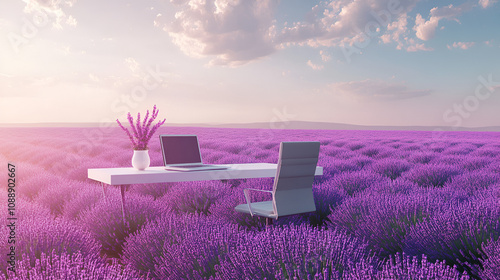 Office desk set up in an open field of lavender with wind gently moving the flowers and a clear sky above Copy space