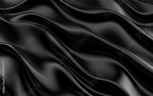 Black silk satin background, 3D rendering illustration of smooth wavy cloth texture