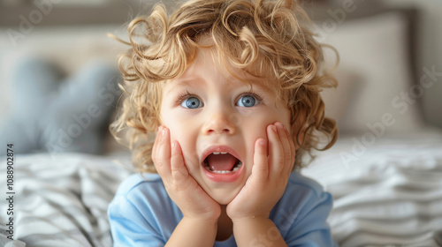 Surprised toddler with open mouth showing teeth, close-up portrait of curious child holding cheeks, concept of baby teeth growth and dental health
 photo