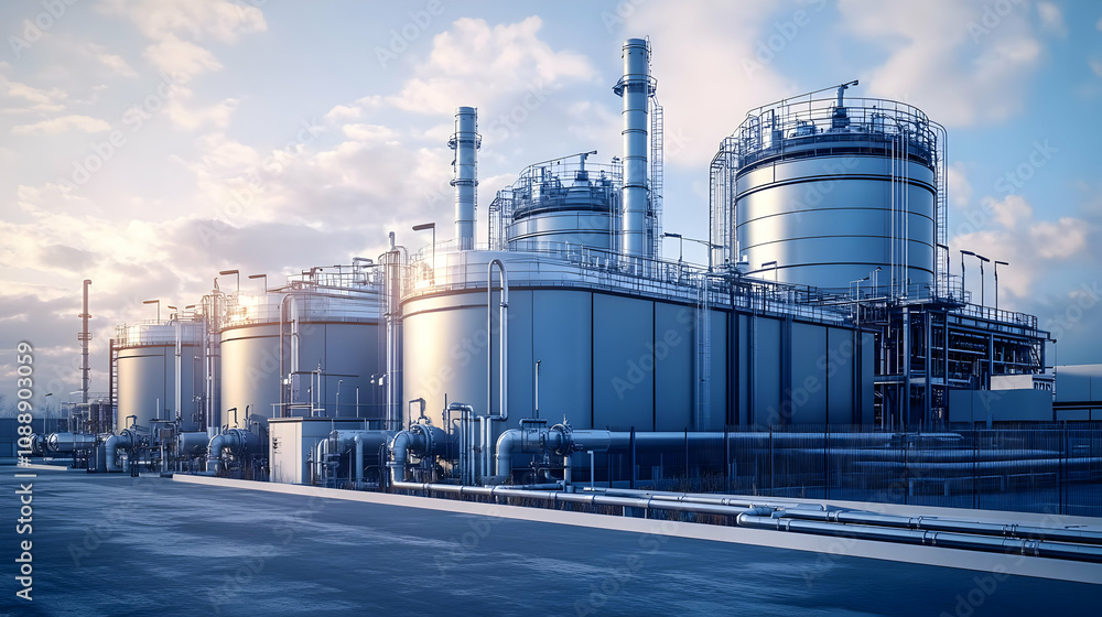 Obraz premium 3D Render of a Large Industrial Plant with Storage Tanks and Pipelines under a Cloudy Sky
