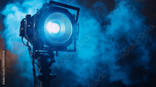 Bright blue spotlight on tripod stand with smoke.