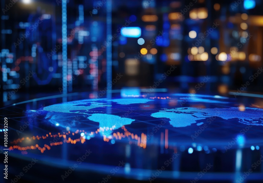 Detailed Futuristic Digital World Map with Data Visualization and Abstract Blue Lighting in Modern Technology Setting for Global Connectivity and Communication Themes Detailed Futuristic Digital World Map with Data Visualization and Abstract Blue Lighting in Modern Technology Setting for Global Connectivity and Communication Themes