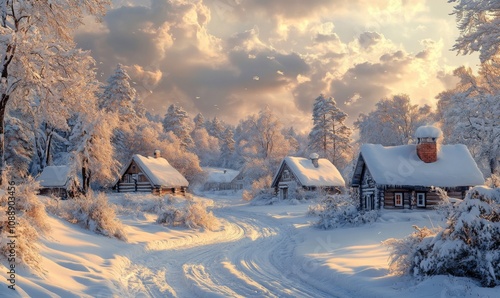 Snowy winter landscape with cozy houses in a small village