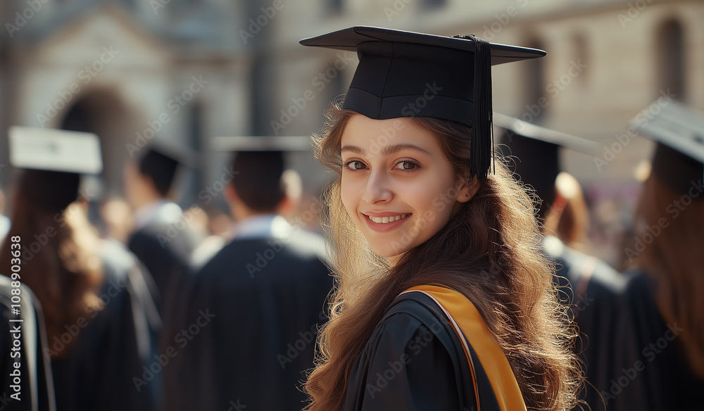 A female student stands in the center of her graduation group, wearing black gowns and a cap with long hair, smiling at the camera in a commercial video ad style A female student stands in the center of her graduation group, wearing black gowns and a cap with long hair, smiling at the camera in a commercial video ad style