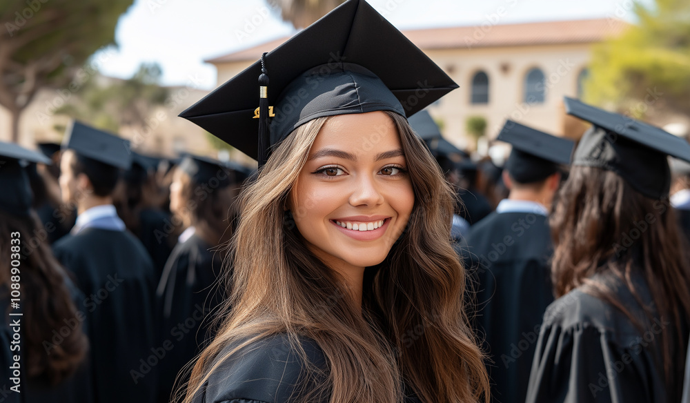 Fototapeta premium A female student stands in the center of her graduation group, wearing black gowns and a cap with long hair, smiling at the camera in a commercial video ad style