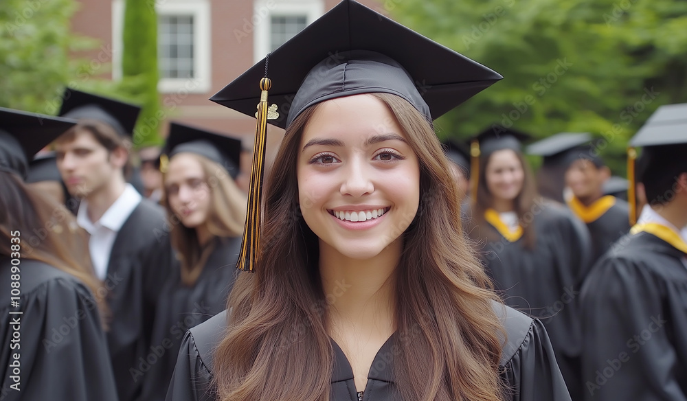 A female student stands in the center of her graduation group, wearing black gowns and a cap with long hair, smiling at the camera in a commercial video ad style A female student stands in the center of her graduation group, wearing black gowns and a cap with long hair, smiling at the camera in a commercial video ad style