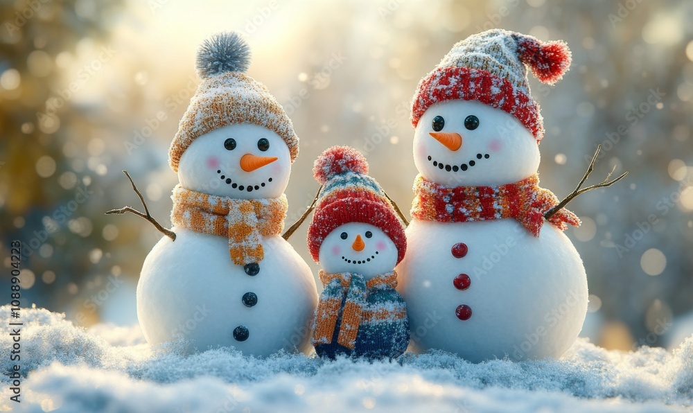 A cheerful family of snowmen in winter outfits on a snowy day A cheerful family of snowmen in winter outfits on a snowy day