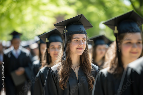 Photograph of numerous students wearing black graduation caps, walking during the graduation ceremony on a university campus with a blurred crowd and trees in the background