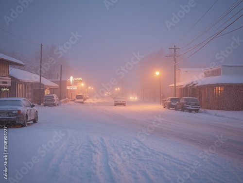 Fototapeta Naklejka Na Ścianę i Meble -  Snowstorm disrupts small town streets winter wonderland evening calm atmosphere