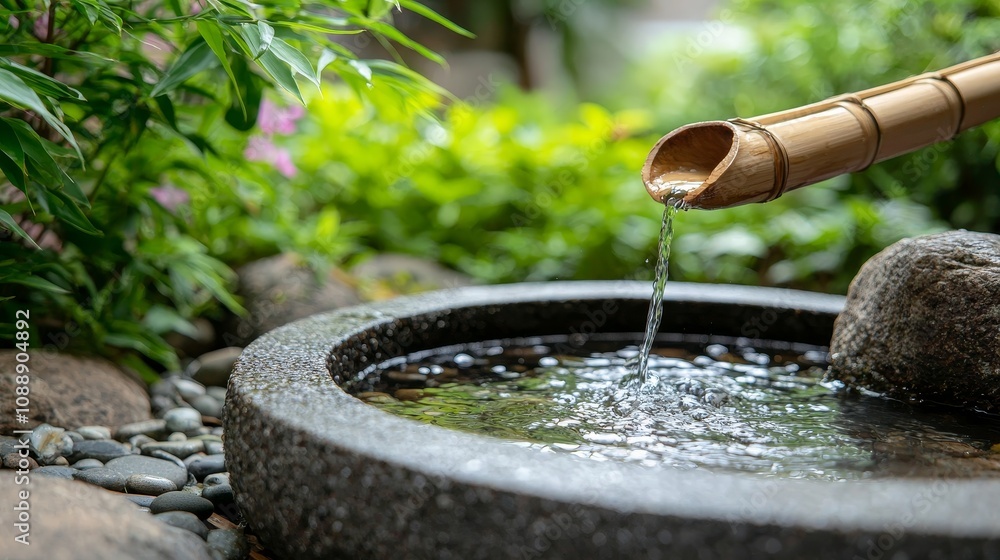 Tranquil Setting of Water Flowing from Bamboo into a Stone Basin Surrounded by Lush Greenery in a Serene Garden Environment Tranquil Setting of Water Flowing from Bamboo into a Stone Basin Surrounded by Lush Greenery in a Serene Garden Environment