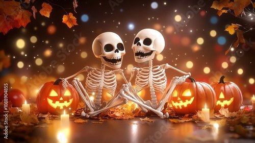 A vibrant Halloween display with skeletons laughing and posing, surrounded by carved pumpkins and festive autumn decor.