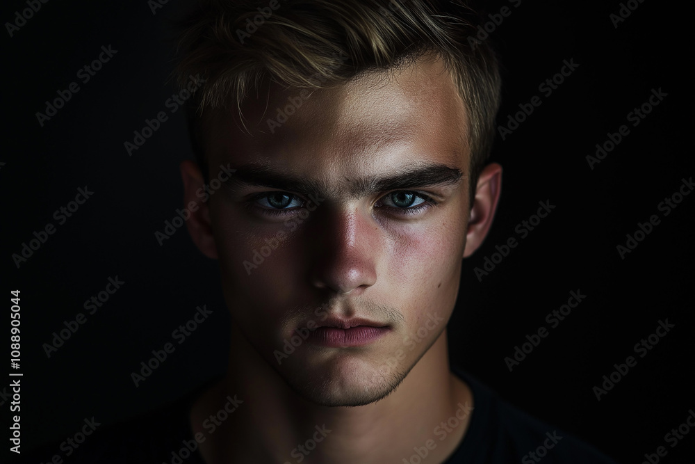 Frontal portrait of a young man, with a handsome and angry expression, against a black background. The eyes are softly lit Frontal portrait of a young man, with a handsome and angry expression, against a black background. The eyes are softly lit
