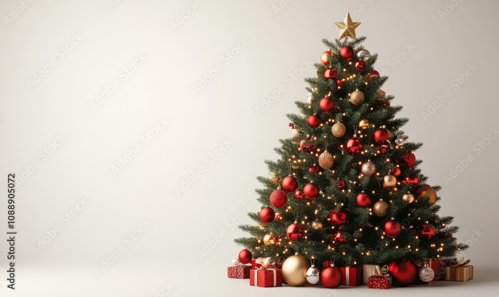 Decorated christmas tree with ornaments and lights on a white background, 3D illustration Decorated christmas tree with ornaments and lights on a white background, 3D illustration