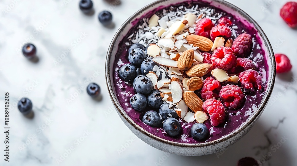 Vibrant Acai Bowl with Fresh Berries Coconut and Almonds on Marble Surface Vibrant Acai Bowl with Fresh Berries Coconut and Almonds on Marble Surface