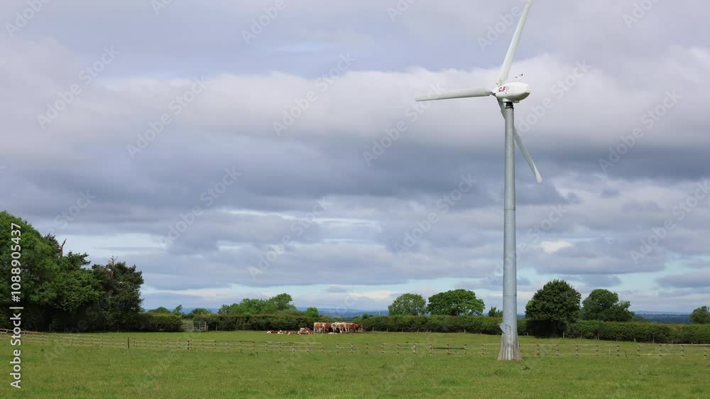 A Small Wind Turbine In A Farm Field With A Fence And Livestock A Small Wind Turbine In A Farm Field With A Fence And Livestock