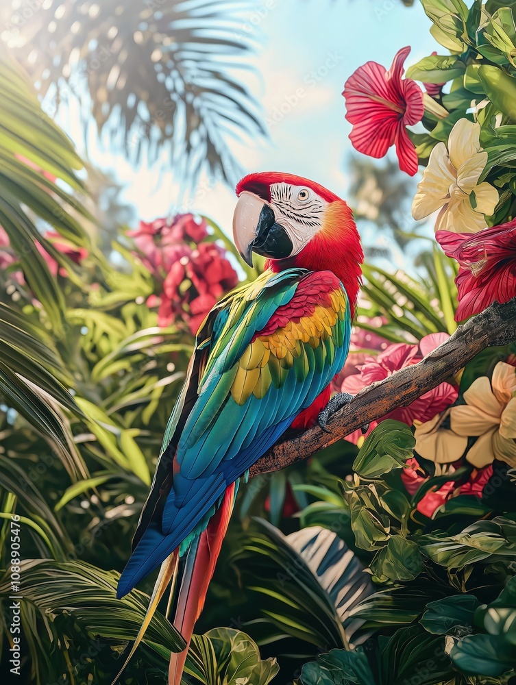 Fototapeta premium Vibrant scarlet macaw in lush tropical garden nature photography daylight