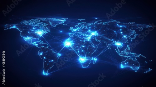 Digital Global Network Map Representing Connections and Communication Across Continents with Bright Nodes Illuminating Major Cities and Regions