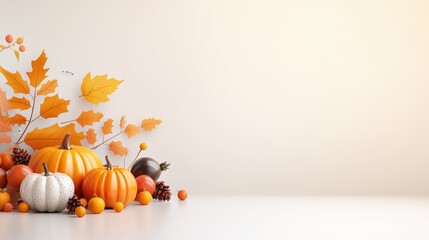 A warm Thanksgiving corner border filled with autumn leaves, pumpkins, and seasonal fruits, clustered in the bottom left for a decorative touch.