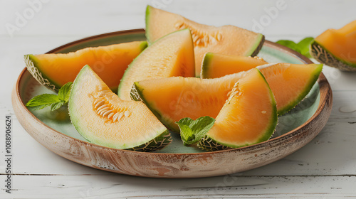 plate with pieces of sweet melon on wooden table with a white accent, space for captions, png