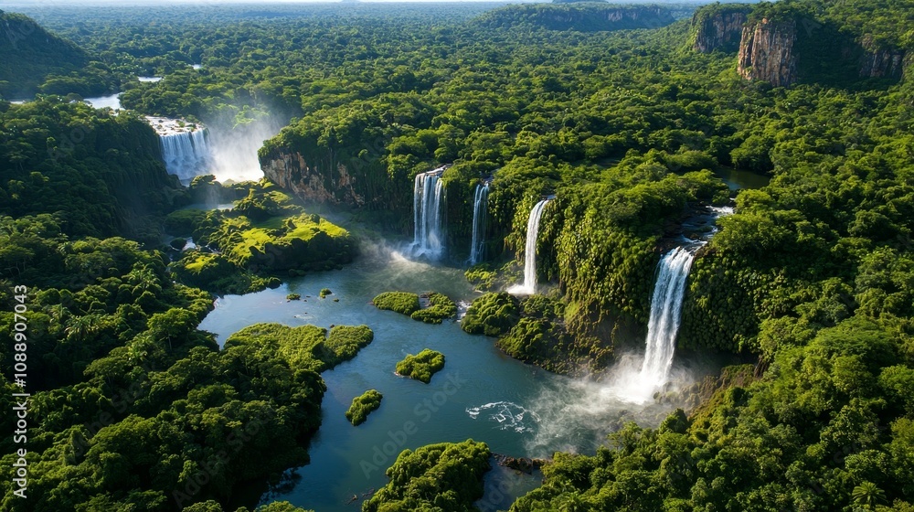Majestic Waterfalls Surrounded by Lush Green Forests and Vibrant Nature in a Scenic Aerial View of a Untouched Wilderness Landscape Majestic Waterfalls Surrounded by Lush Green Forests and Vibrant Nature in a Scenic Aerial View of a Untouched Wilderness Landscape