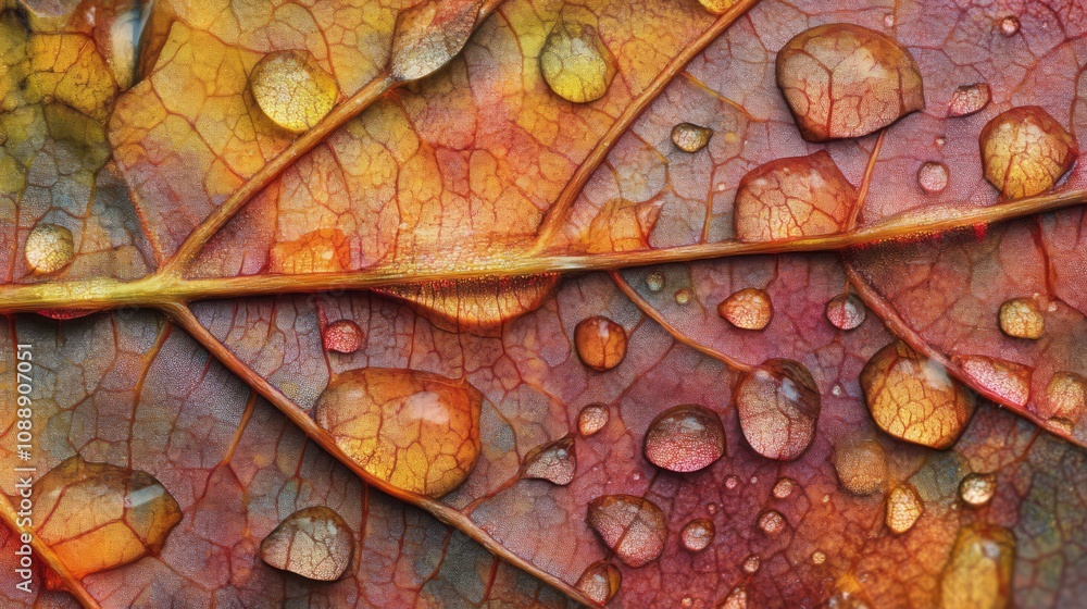 Fototapeta premium Close-up of a colorful autumn leaf with water droplets.